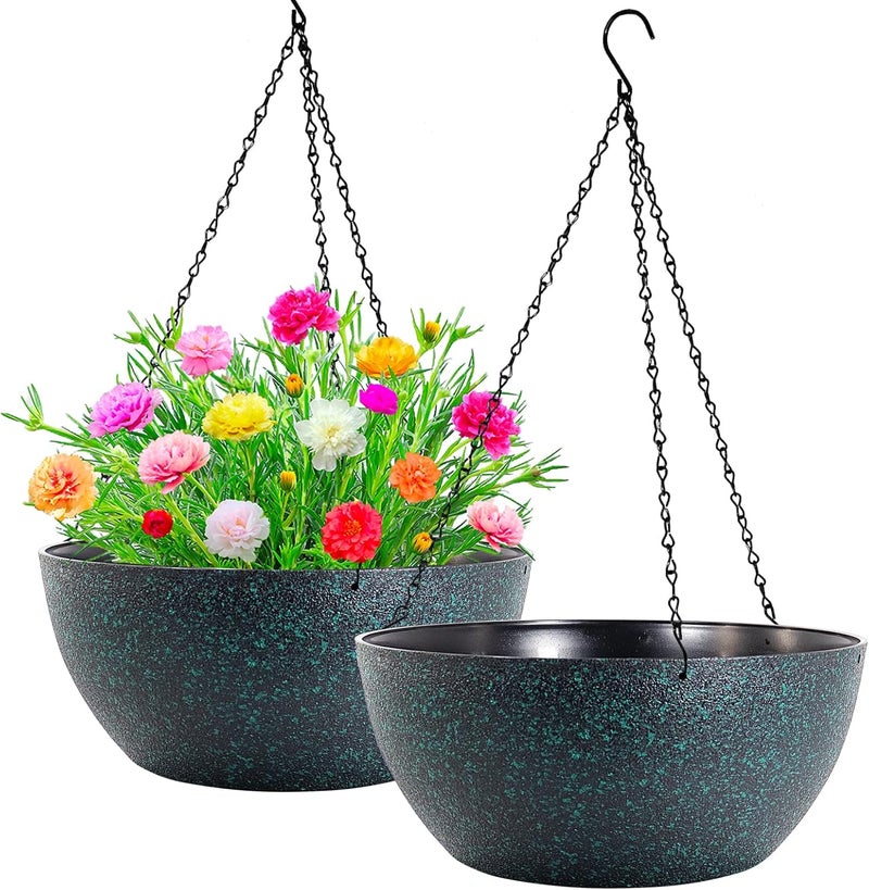 WOUSIWER 13 inch 2 Pack Large Hanging Planters for Indoor Outdoor Plants with Drainage Holes and Chain, Round Hanging Flower Pots for Garden Home Porch Decor, Black with Green Speckles - Image 1